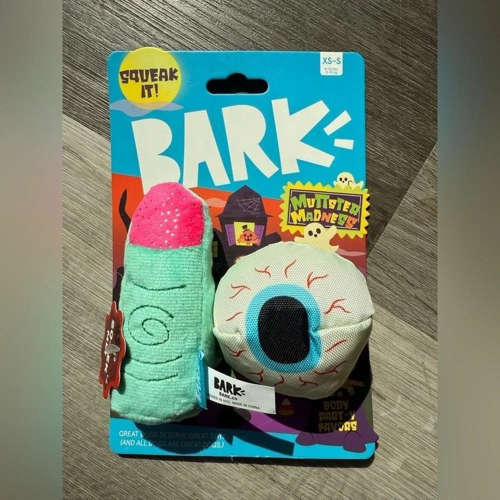 BARK Halloween Dog Toy Set XS-S Monster Madness Eyeball Squeaky Plush 2 Pack
